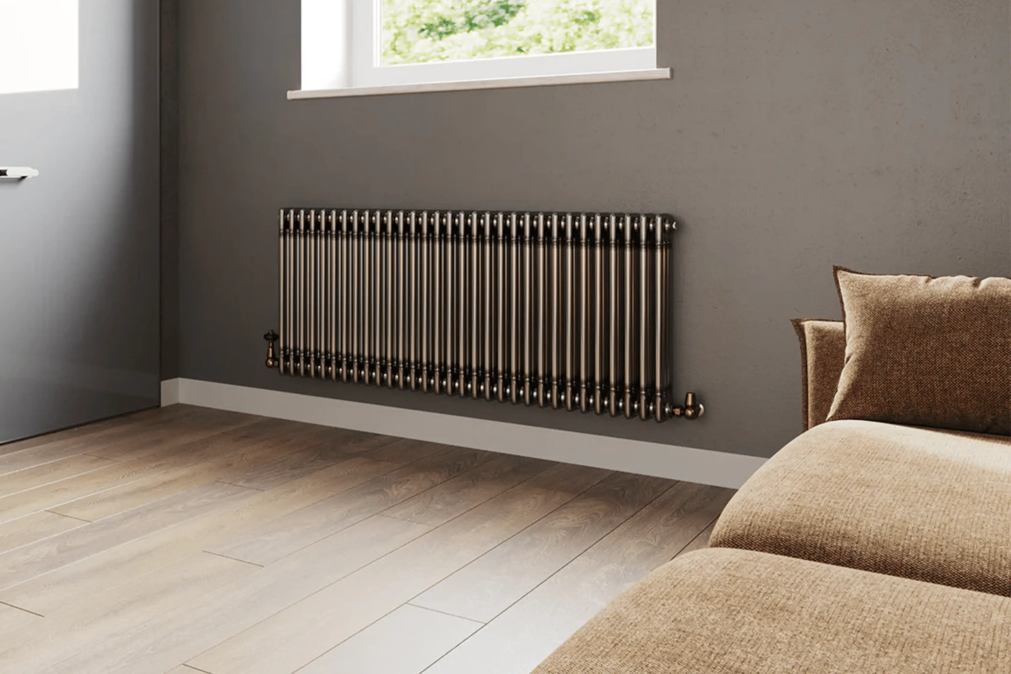 Raw Metal Column Radiator In Bedroom Space